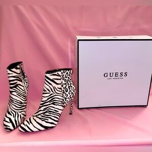 Guess Zebra Calfhair Ankle Boot Tabare 7.5 Stiletto Y2K Exotic Almond Animal NEW